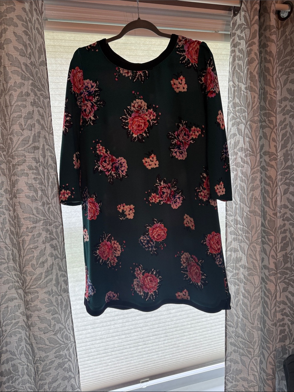 Xhilaration Dark Green Floral Long Sleeve Dress with Pink Roses